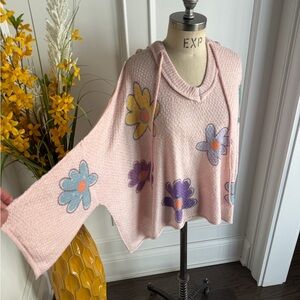 POL NWOT Colorful daisies knit hooded V neck pullover